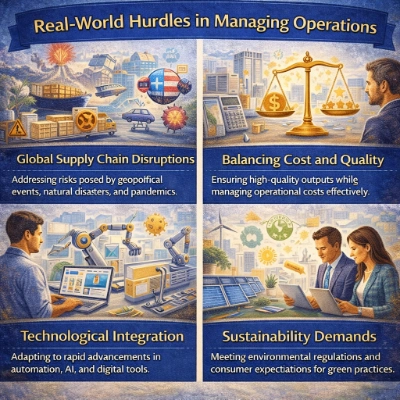 Four-panel infographic titled “Real-World Hurdles in Managing Operations,” showing supply chain disruptions, balancing cost and quality, integrating automation and AI, and meeting sustainability demands with eco-friendly practices.