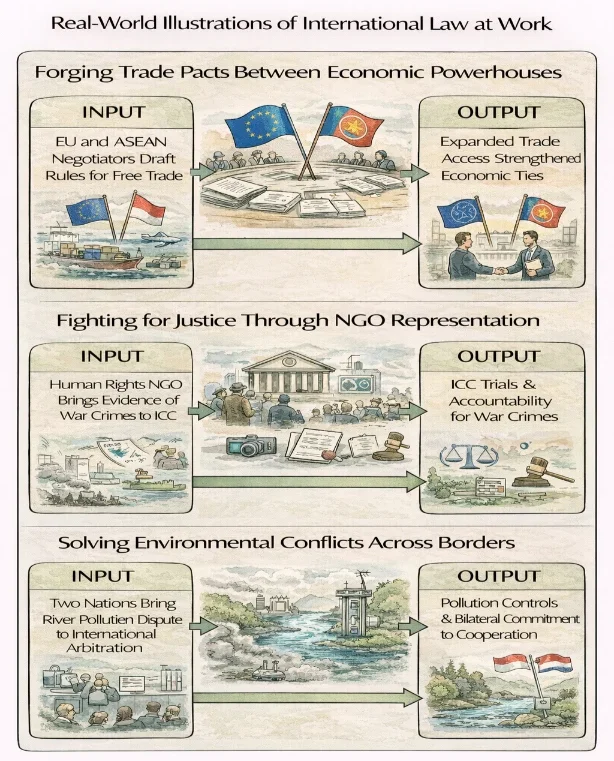 IDEF-style flow diagram showing three real-world uses of international law: EU–ASEAN trade pact negotiations leading to expanded trade access; an NGO bringing war-crimes evidence to the ICC leading to trials and accountability; and two countries taking a river-pollution dispute to international arbitration leading to joint pollution controls and cooperation.