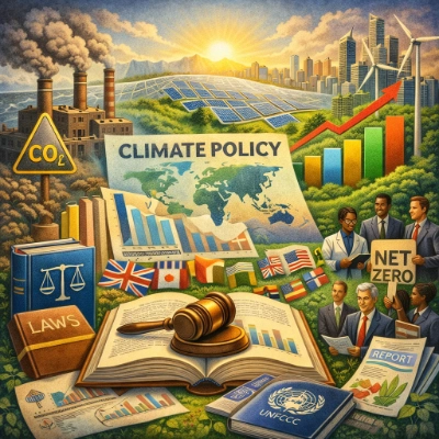 Illustration of climate policy and environmental law showing a gavel on an open law book, emissions charts, a world map, and solar panels.