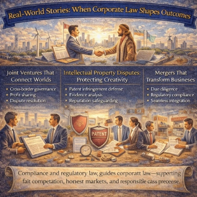 Infographic titled “Real-World Stories: When Corporate Law Shapes Outcomes,” showing three scenarios: cross-border joint ventures with a handshake and wind turbines, an intellectual property dispute with a patent shield and evidence review, and a merger with due diligence documents and business integration.