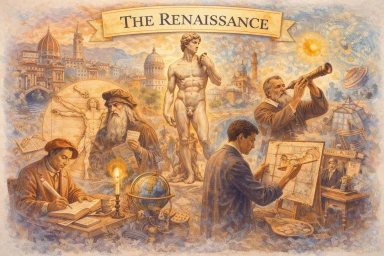 Renaissance illustration showing Leonardo da Vinci, Michelangelo’s David, Galileo with a telescope, artists, scholars, classical architecture, and scientific instruments symbolizing art, science, and humanism.