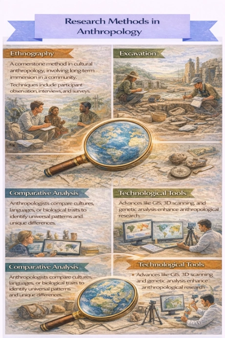 Infographic titled Research Methods in Anthropology showing four panels: Ethnography, Excavation, Comparative Analysis, and Technological Tools.
