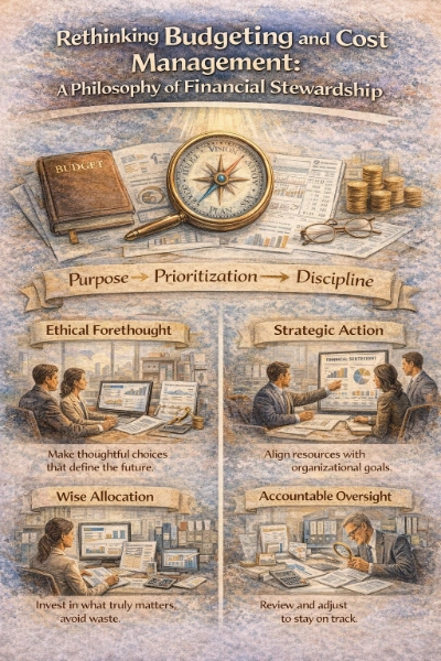 Watercolor infographic titled “Rethinking Budgeting and Cost Management: A Philosophy of Financial Stewardship,” showing a compass on budget documents and coins at the top, with four panels below labeled Ethical Foresight, Strategic Action, Wise Allocation, and Accountable Oversight, each depicting professionals reviewing charts and reports.