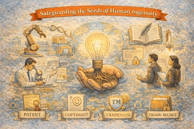 Illustration titled “Safeguarding the Seeds of Human Ingenuity” showing hands holding a glowing lightbulb with roots in front of a world map, surrounded by symbols of innovation and creativity—robotic arm, microscope, open book and quill, rocket—and a bottom row of labeled protections: Patent, Copyright, Trademark (TM shield), and Trade Secret (locked folder).