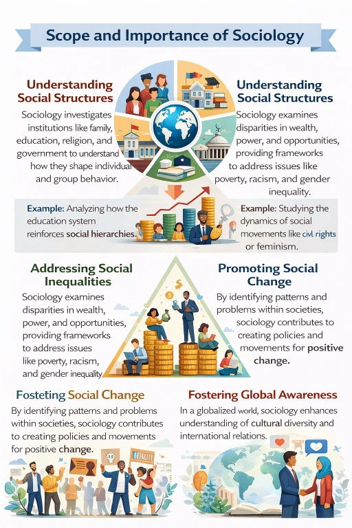 Pictogram-style infographic titled Scope and Importance of Sociology, showing four themes: understanding social structures, addressing social inequalities, promoting social change, and fostering global awareness.