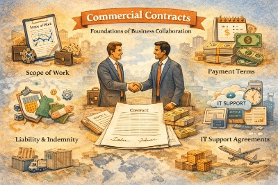 Illustration titled “Commercial Contracts” showing two business partners shaking hands over a contract, surrounded by icons for scope of work, payment terms, liability and indemnity, IT support agreements, and global distribution with shipping crates and an airplane.