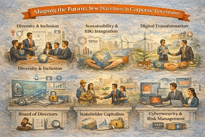 Infographic titled “Shaping the Future: New Directions in Corporate Governance” showing five themes: a diverse board meeting for Diversity & Inclusion; hands holding the Earth with SDGs, wind turbines, and solar panels for Sustainability & ESG; a tech-enabled handshake with a tablet and growth plant for Digital Transformation; community-focused partnership with workers, produce, and a sprouting plant for Stakeholder Capitalism; and a board team monitoring warning screens, locks, and security icons for Cybersecurity & Risk Management.