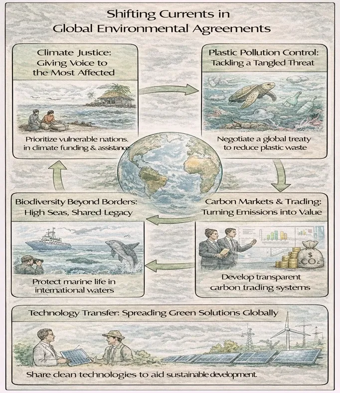 IDEF-style infographic showing five emerging directions in global environmental treaties.