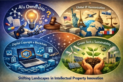 Four-panel illustration of modern intellectual property: AI-generated invention and authorship questions, global IP alignment, blockchain/NFT copyright protection, and green-tech innovation.