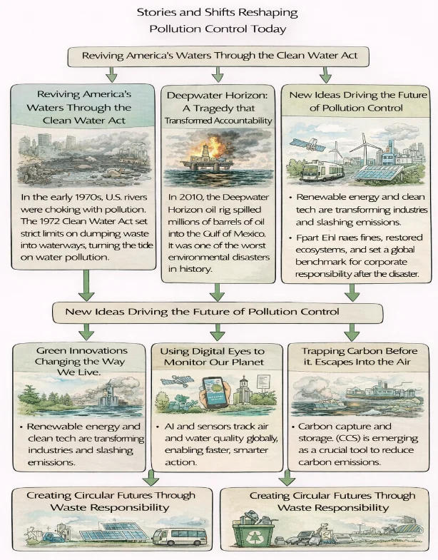IDEF-style flowchart summarizing modern pollution-control progress: Clean Water Act, Deepwater Horizon, clean tech, monitoring, carbon capture, and circular waste systems.