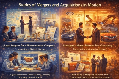 Two-panel illustration of M&A case stories: legal due diligence for a pharmaceutical company acquiring a biotech startup, and an automotive merger showing executives, factories, engineers, and antitrust review.