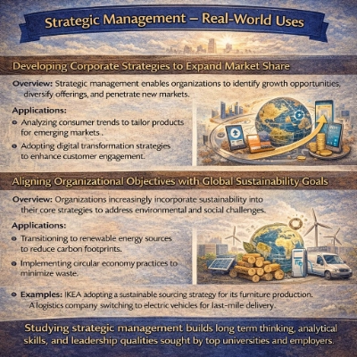 Infographic titled “Strategic Management – Real-World Uses,” showing two applications: expanding market share through digital strategy and new markets, and aligning organizational objectives with sustainability goals using renewables and circular practices.