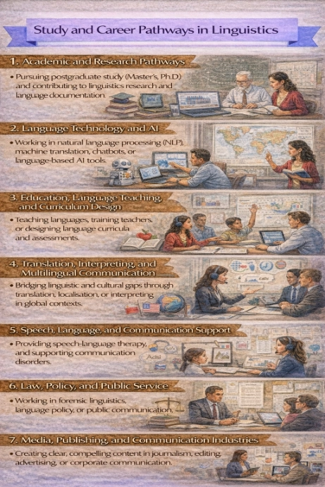 Infographic titled “Study and Career Pathways in Linguistics,” arranged in seven horizontal panels with small scenes and icons showing: academic research, language technology and AI, language teaching and curriculum design, translation and interpreting, speech and communication support, law/policy/public service, and media/publishing/corporate communication.