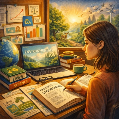 Focused student studying environmental law at a desk with books, globe, and data charts.