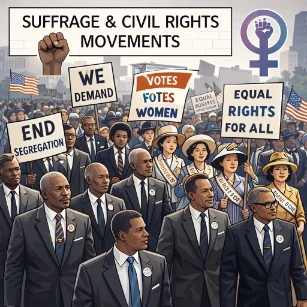 Illustration of a peaceful suffrage and civil rights march with diverse protesters holding signs for voting rights, ending segregation, and equal rights for all.