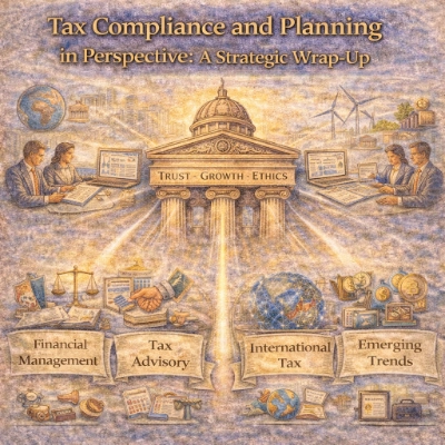 Watercolor-style infographic titled “Tax Compliance and Planning in Perspective: A Strategic Wrap-Up,” showing a courthouse-like building labeled “Trust • Growth • Ethics,” with tax professionals working at laptops on both sides and four banner themes below: Financial Management, Tax Advisory, International Tax, and Emerging Trends.
