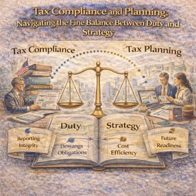 Watercolor-style infographic titled “Tax Compliance and Planning: Navigating the Fine Balance Between Duty and Strategy,” showing two scenes—tax compliance on the left with forms and reporting documents, and tax planning on the right with professionals reviewing forecasts—linked by golden balance scales above an open ledger labeled “Duty” and “Strategy,” set against a city skyline.