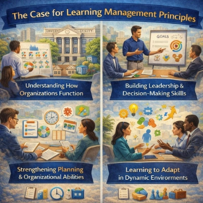 Four-panel infographic titled “The Case for Learning Management Principles,” showing students analyzing how organizations work, practicing leadership and decision-making, planning and organizing tasks, and adapting to change, with a university campus backdrop.