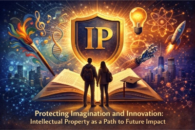 A glowing “IP” shield rises from an open book as two students face a future city, with art, science, and digital innovation symbols swirling around them.