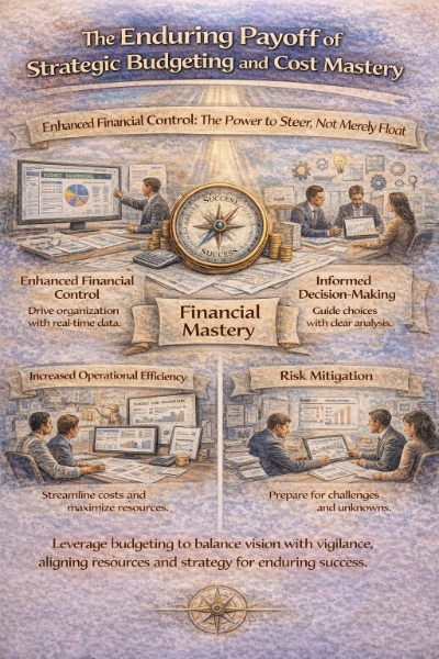 Watercolor infographic titled “The Enduring Payoff of Strategic Budgeting and Cost Mastery,” featuring a central brass compass labeled “Financial Mastery,” surrounded by four panels showing enhanced financial control, informed decision-making, increased operational efficiency, and risk mitigation, with teams reviewing dashboards, charts, and plans.