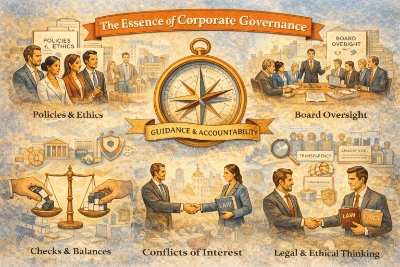 Infographic titled “The Essence of Corporate Governance” with a central compass labeled “Guidance & Accountability,” surrounded by scenes of policies and ethics, a board oversight meeting, checks and balances with scales, a handshake addressing conflicts of interest, and legal and ethical thinking with “Law” and “Ethics” books plus transparency icons.