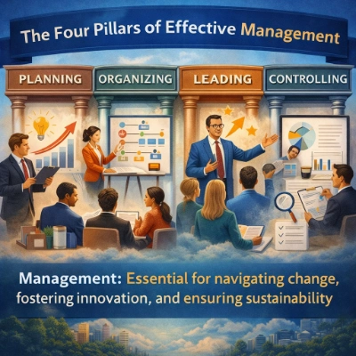 Illustration showing “The Four Pillars of Effective Management”—Planning, Organizing, Leading, and Controlling—depicted as four columns with teams, charts, workflows, coaching, and performance review visuals.