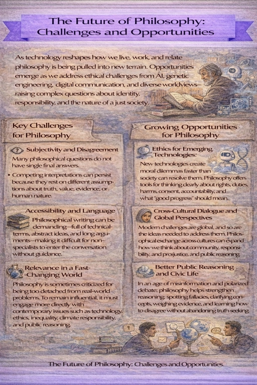Watercolor-style infographic titled “The Future of Philosophy: Challenges and Opportunities,” showing technology and global dialogue themes, with panels summarizing key challenges and opportunities.