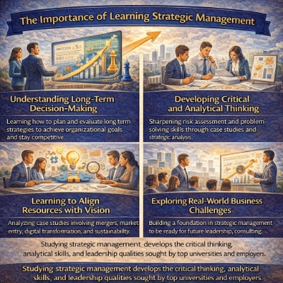 Infographic titled “The Importance of Learning Strategic Management,” showing students practicing long-term decision-making, critical analysis, aligning resources with vision, and exploring real-world business challenges, with a forward-pointing growth arrow across a city backdrop.