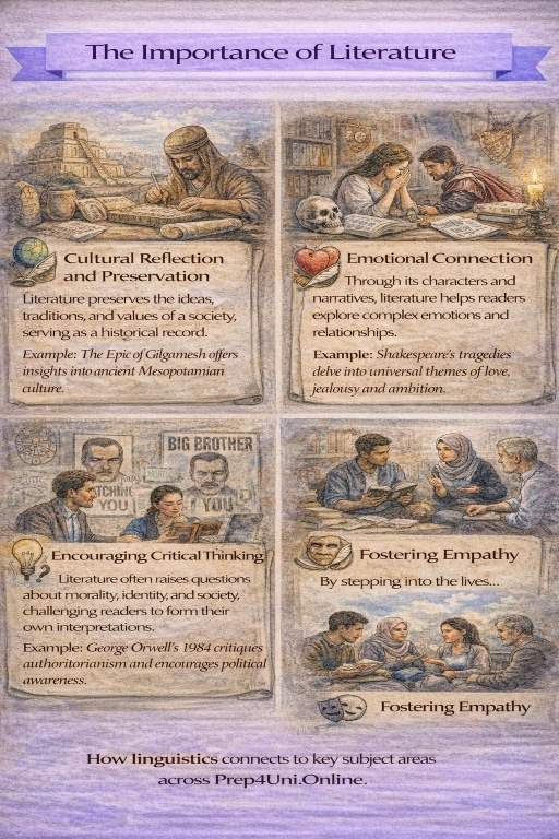 Watercolour-style infographic titled “The Importance of Literature,” with four illustrated panels showing cultural preservation (ancient scribe and ruins), emotional connection (readers in a library), critical thinking (students with “Big Brother” imagery), and empathy (people sharing stories in a group).