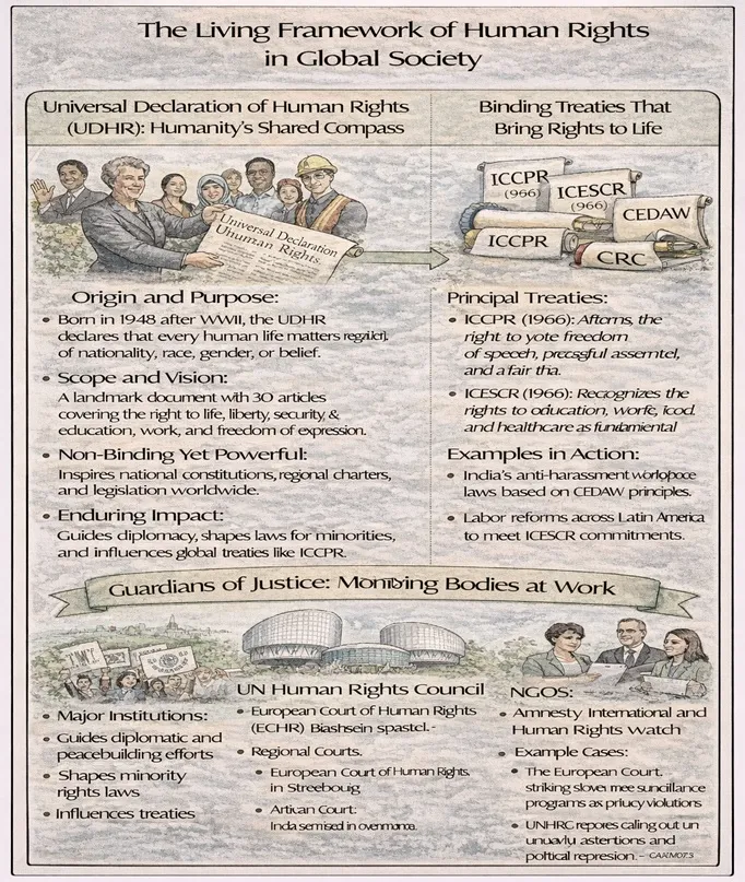 IDEF-style flow diagram showing how the UDHR inspires binding human-rights treaties, which are then monitored and enforced by bodies such as the UN Human Rights Council, regional human-rights courts, and NGOs.