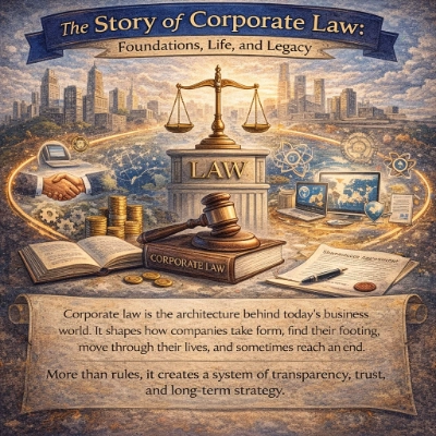 Illustration titled “The Story of Corporate Law: Foundations, Life, and Legacy,” showing a central law pillar with scales of justice, a gavel and corporate law book, handshake and coins for trust and finance, and digital screens for technology and global business.