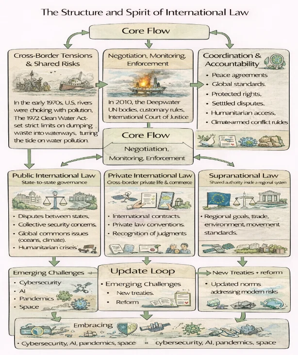 IDEF-style flow diagram of international law showing inputs (cross-border risks), mechanisms (treaties, institutions, courts, diplomacy), and outputs (coordination and accountability), with three pathways (public, private, supranational) and an update loop for new challenges.