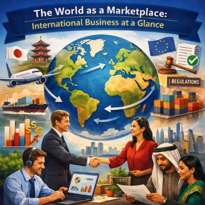 Illustration of a globe with trade routes, cargo ship and airplane, global business handshake, currency symbols, shipping containers, and “regulations” icons—showing international business across cultures and markets.