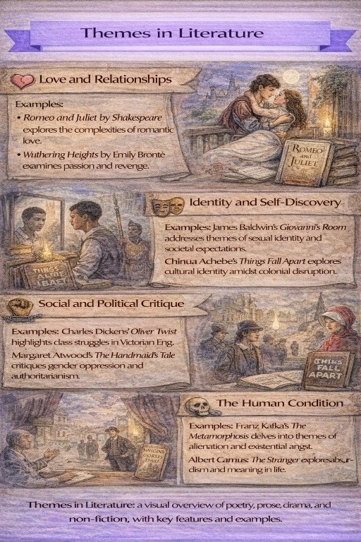 Watercolor infographic titled “Themes in Literature,” showing four panels—Love and Relationships, Identity and Self-Discovery, Social and Political Critique, and The Human Condition—with small illustrated scenes and example book titles.