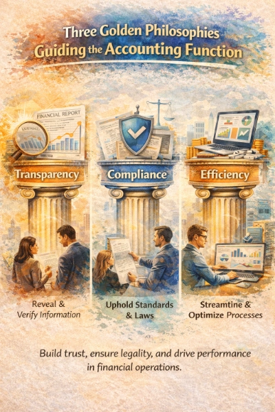 Watercolor infographic titled “Three Golden Philosophies Guiding the Accounting Function,” showing three classical columns labeled Transparency, Compliance, and Efficiency, with icons of a financial report and magnifying glass, a shield with checkmark and legal scales, and a laptop with analytics charts and coins.