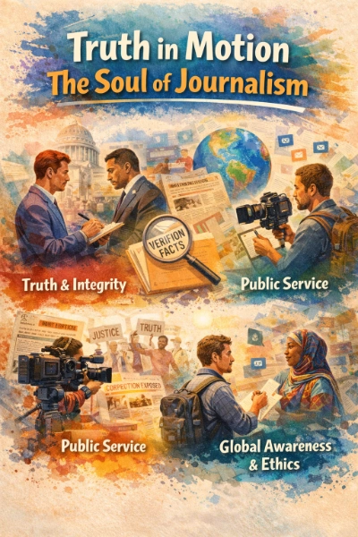 Watercolor-style infographic titled “Truth in Motion: The Soul of Journalism,” showing journalists interviewing people and filming with cameras, a globe and news pages in the background, and a magnifying glass over a folder labeled “Verification Facts,” with headings “Truth & Integrity,” “Public Service,” and “Global Awareness & Ethics.”