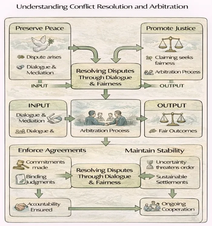 IDEF-style flow diagram titled “Understanding Conflict Resolution and Arbitration,” showing disputes as inputs processed through dialogue, mediation, and arbitration to produce fair outcomes, stability, enforced agreements, and ongoing cooperation.
