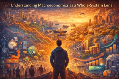 Illustration titled “Understanding Macroeconomics as a Whole-System Lens” showing a person on a hill overlooking a city and harbor at sunset, with overlays for GDP, inflation, unemployment, investment, and rising/falling trend lines.