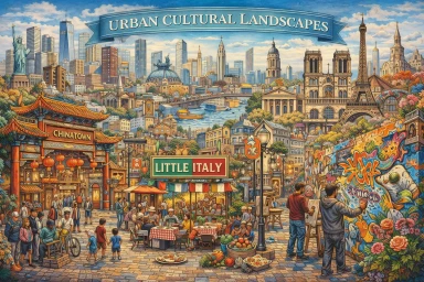 Illustration of urban cultural landscapes showing Chinatown, Little Italy, Paris landmarks, street art, diverse communities, and global city life representing themes in cultural geography.