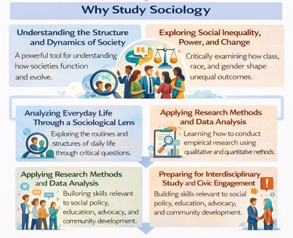 Infographic titled Why Study Sociology showing five key reasons: understanding structure, exploring inequality, analyzing everyday life, learning research methods, and preparing for civic engagement.