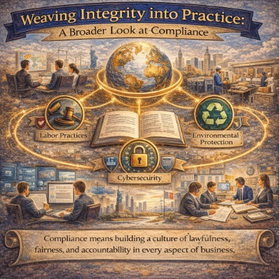 Infographic titled “Weaving Integrity into Practice: A Broader Look at Compliance,” featuring a central globe linked by glowing paths to icons for labor practices, environmental protection, cybersecurity, and financial transparency, with scenes of boardrooms, factories, and service teams in the background.