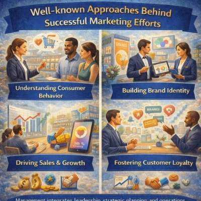Four-panel infographic titled “Well-known Approaches Behind Successful Marketing Efforts,” showing consumer research, brand identity development, sales and growth analytics, and customer loyalty building with people, charts, and marketing icons.