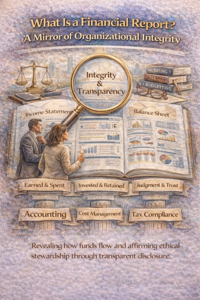 Watercolor infographic titled “What Is a Financial Report? A Mirror of Organizational Integrity,” showing an open ledger with pages labeled Income Statement and Balance Sheet, a large magnifying glass reading “Integrity & Transparency,” and icons for auditing, budgeting, and tax compliance around the report.