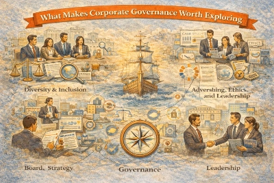 Illustration titled “What Makes Corporate Governance Worth Exploring” showing a ship sailing through rough seas above a large compass, surrounded by scenes of a diverse boardroom meeting, ethics and case-study analysis with ESG/SDG icons, strategy and oversight dashboards, and a leadership handshake, with legal scales and governance symbols across the background.