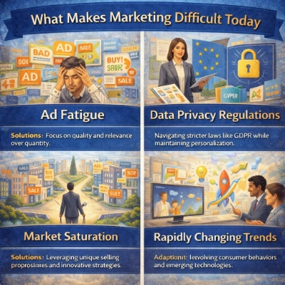 Four-panel infographic titled “What Makes Marketing Difficult Today,” showing ad fatigue from too many ads, data privacy rules with a GDPR/lock symbol, market saturation in crowded industries, and rapidly changing trends with new tech and shifting consumer behavior.