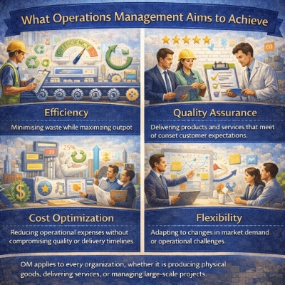 Four-panel infographic titled “What Operations Management Aims to Achieve,” showing efficiency in production, quality assurance checks, cost optimization with budgets and metrics, and flexibility through adaptive planning and workflow changes.