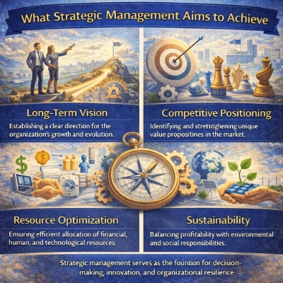 Four-panel infographic titled “What Strategic Management Aims to Achieve,” showing long-term vision, competitive positioning, resource optimization, and sustainability, linked by a central compass and gear imagery.