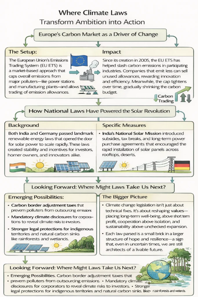 Flowchart showing EU ETS carbon trading, solar laws in India and Germany, and future policy tools.