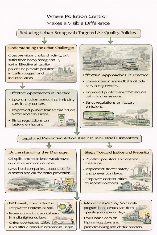 IDEF-style flow diagram showing how pollution control delivers visible results in urban air quality and industrial disaster prevention.