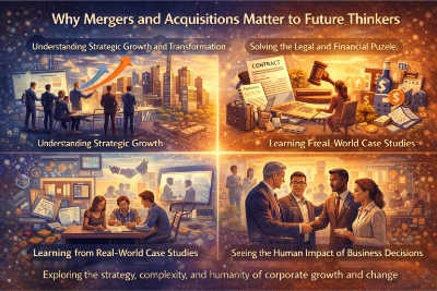 Four-panel illustration explaining why M&A matters to students: strategic growth planning, legal and financial deal work, team-based case study analysis, and the human impact of business change.